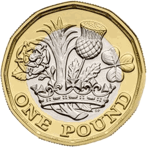 A United Kingdom one pound coin, shown at the same scale as the mite